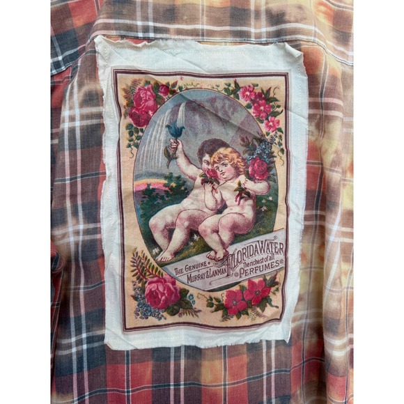 Tops - Upcycled Flannel L Cherub Floral Patch‎ Folk Art Shirt One of One